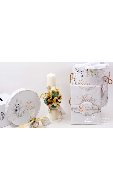 Lumanare botez scurta stalp decorata cu flori uscate si eticheta personalizata 6